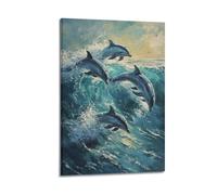 XHBKJA Stampa artistica da parete su tela, motivo: delfini che saltano tra le onde dell'oceano, 30 x 45 cm