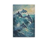 XHBKJA Stampa artistica da parete su tela, motivo: delfini che saltano tra le onde dell'oceano, 50 x 75 cm