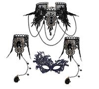 XHBTS Set di 4 collane in pizzo, maschera per gli occhi in pizzo, colore nero, collana con ciondolo in pizzo gotico, con anello e orecchino in pizzo, per feste, matrimoni, Halloween