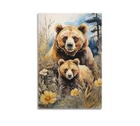 XHHOKA Poster con animali, orso marrone, mamma cucciolo, acquerello, temi della natura, commovente la fauna selvatica, decorativo, su tela, poster artistico da parete e pittura artistica, 50 x 75 cm