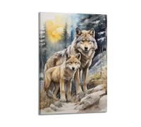 XHHOKA Poster decorativo da parete su tela con animali selvatici e lupi, tema tenero momento della foresta del Nord, 60 x 90 cm