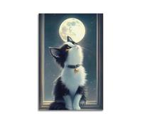 XHHOKA Poster decorativo da parete su tela con motivo gatto che osserva le stelle con cielo stellato al chiaro di luna e occhi d'ambra, 60 x 90 cm