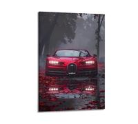 XHHOKA Poster su tela con supercar Chirone macchina rossa in boschi nebbiosi con riflessi di pioggia e foglie d'autunno, poster decorativo da parete e arte su tela, 60 x 90 cm