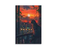 XHHOKA Poster su tela decorativa da parete con animali contemplativi, gatto soriano, fogliame, tramonto, paesaggio urbano, ombre vivaci, poster artistico, 60 x 90 cm