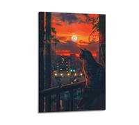 XHHOKA Poster su tela decorativa da parete con animali contemplativi, gatto soriano, fogliame, tramonto, paesaggio urbano, ombre vibranti, poster artistico, 50 x 75 cm