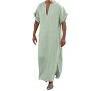 Xiangdanful Caftano, camicia da notte da uomo, a maniche corte, con scollo a V, abito lungo, stile islamico arabo, cotone e lino, biancheria da notte, abiti musulmani con spacco laterale 5XL, verde, M
