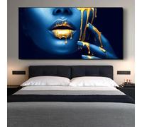XIANGPEIFBH Dipinti su tela di donna africana con labbra dorate, poster e stampe artistiche da parete, immagini di ragazze nere con mezzo viso per il soggiorno Senza cornice 35x70cm(14x28inch)