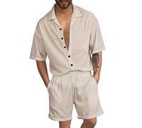XIANPING Camicia Set Uomo Camicia A Maniche Corte Pantaloncini Casual da Uomo 2 Pezzi Set Estivi Uomo Abbottonatura A Tinta Unita Camicia All'Aperto Vacanza Uomo Moderna G-Khaki M