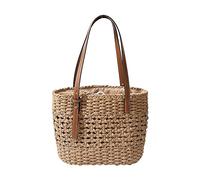 XIANXIAN Borsa da donna in paglia con tracolla in pelle, for viaggi e vacanze, Borsa in tessuto di paglia, Beige