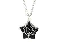 Xiao Hua - Collana con ciondolo a forma di albero della vita per uomo e donna, fatto a mano, con cristallo naturale grezzo, stella a cinque punte e albero della vita, colore: nero, 2,5 x 2,5 cm