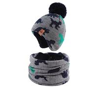 XIAOHAWANG Bambino e Bambina Cappello Lavorato A Maglia Inverno Caldo Berretto per Bambini Autunno A Prova di Vento 0-7 Anni, Dinosuaro Grigio (Cappello+Sciarpa, 9-24 Mesi)