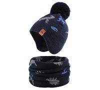 XIAOHAWANG Bambino e Bambina Cappello Lavorato A Maglia Inverno Caldo Berretto per Bambini Autunno A Prova di Vento 0-7 Anni, Dinosuaro Marina (Cappello+Sciarpa, 4-7 Anni)