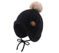 XIAOHAWANG Cappello Invernale per Neonati con Fodera in Velluto per Bambini Beanie per Bambini Earflap Caldi Cappelli per Bambino per Ragazze con Pompon (Nero, 6-18 Mesi)