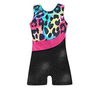 XiaoMoSha Body da Ginnastica per Ragazze Dance Unitards Ribbon Sparkle Body Senza Maniche per Bambini, Leopard, 6-7 Anni