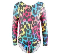 XiaoMoSha Ginnastica Leotards per Ragazze Danza Manica lunga Leotard Sparkle Ballet Dancewear per Bambine 2-14 Anni,Stampa leopardata colorata,9-10 Anni
