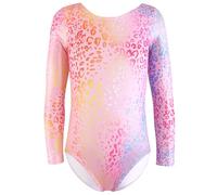 XiaoMoSha Ginnastica Leotards per Ragazze Danza Manica lunga Leotard Sparkle Ballet Dancewear per Bambine 2-14 Anni,Stampa leopardata rosa,4-5 Anni