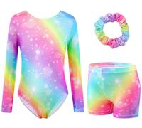 XiaoMoSha Set di body da ginnastica a tre pezzi, a maniche lunghe, con pantaloncini e fascia per capelli, per danza classica, con colori sfumati, per bambini dai 3 ai 12 anni, Arcobaleno, 7-8 Years