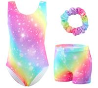 XiaoMoSha Set di body da ginnastica da bambina, 3 pezzi, senza maniche, con pantaloncini e fascia per capelli, colore sfumato scintillante, per danza classica, ginnastica, per bambini dai 3 ai 12