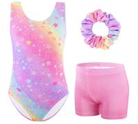 XiaoMoSha Set di body da ginnastica da bambina, 3 pezzi, senza maniche, con pantaloncini e fascia per capelli, colore sfumato scintillante, per danza classica, ginnastica, per bambini dai 3 ai 12 anni