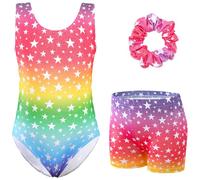 XiaoMoSha Set di body da ginnastica da bambina, 3 pezzi, senza maniche, con pantaloncini e fascia per capelli, colore sfumato scintillante, per danza classica, ginnastica, per bambini dai 3 ai 12