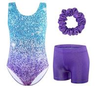 XiaoMoSha Set di body da ginnastica da bambina, 3 pezzi, senza maniche, con pantaloncini e fascia per capelli, colore sfumato scintillante, per danza classica, ginnastica, per bambini dai 3 ai 12 anni