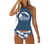 XIAOQENAN Costume da bagno da donna in due pezzi con spacco, controllo della pancia, bikini, set da bagno femminile, stampa albero di cocco, per le vacanze, costume da bagno da donna, costume da bagno