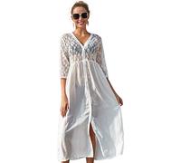 XIAOQENAN Maxi abito da spiaggia da donna con maniche a 3/4, in pizzo floreale, patchwork, kimono, cardigan, bottoni, scollo a V, copricostume da bagno da donna, abiti da spiaggia casual