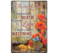 XIAOQIU Targa in metallo per festa del papà, motivo: pompiere con scritta "Firefighter to My Dad Separated by Death Together by Love", in metallo, stile vintage, decorazione da parete, 20,3 x 30,5 cm