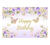 Xiaoterna 1,5x1m Sfondo di buon compleanno Viola farfalla verde foglie floreale compleanno Sfondo fotografico Fiori di rose Puntini d'oro Sfondo glitterato Bambini Ritratti Foto Studio Puntelli