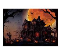 Xiaoterna 2,2x1,5m Sfondo di Halloween 3D Casa stregata horror Luna piena Sfondo fotografico Zucca Lanterna con smorfia Alberi secchi Foresta Vista notturna Decorazione per festa in maschera
