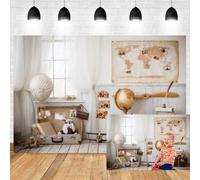Xiaoterna 2,2x1,5m Sfondo Fotografico Interno Mappa del Mondo Valigia d’Epoca Globo Pavimento in Legno Nautico per Festa di Compleanno Ragazzo Ritratto Bambini Adulti con Puntelli