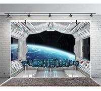 Xiaoterna 2.2x1.5m Spazio esterno sfondo fotografico Astronave finestra vista sfondo Sfondo per l'esplorazione dell'Universo con navicella spaziale Compleanno del bambino Decorazione della festa