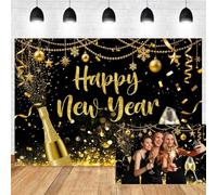 Xiaoterna 2,7x1,8m Oro e nero Sfondo Buon Anno Champagne Bicchiere da vino | Xiaoterna Oro nero decorazioni per la festa di Capodanno vacanze invernali in famiglia decorazioni per la casa