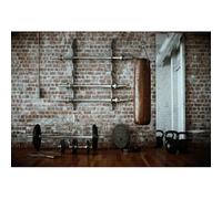 Xiaoterna 2,7x1,8m Sfondo per palestra Muro di mattoni nel seminterrato Pavimento in legno Attrezzatura per sollevamento pesi Sfondo fotografico Esercizi di fitness Decorazioni per feste