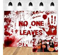 Xiaoterna 3,5x2,5m Halloween Nessuno se ne va Sfondo Impronta insanguinata Scena del delitto Macchie di sangue schizzato Sfondo fotografico Halloween Decorazioni da festa spaventose bianche e rosse