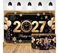 Xiaoterna 3,5x2,5m Sfondo Buon Anno 2027 Nero e oro Orologio Sfondo | Decorazioni per la notte di Capodanno 2027 Nero e oro Orologio per il conto alla rovescia Sfondo con fuochi d'artificio