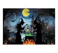 Xiaoterna 3x2,5m Halloween Sfondo Magia della luna piena Calderone della strega Lanterna a forma di pipistrello e zucca Castello infestato Senso fotografico del fiume Decorazioni per la festa