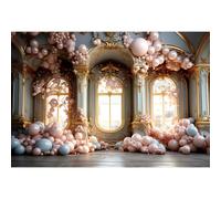 Xiaoterna 3x2m Palazzo europeo Interno Arco muro sfondo Medioevo 3D Palloncini rosa Anniversario di matrimonio sfondo fotografico per le donne festa di compleanno Torta da tavolo Decorazione