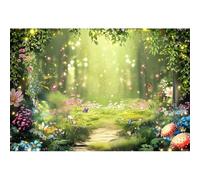 Xiaoterna 3x2m Sfondo fiabesco della foresta incantata Sfondo fotografico verde primavera della foresta incantata Fungo Fiori colorati Albero Giardino Decorazioni per feste di compleanno