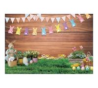 Xiaoterna 3x2m Sfondo pasquale di primavera Bandiere di legno rustico bordo carino coniglio giocattolo fotografia sfondo Uova colorate Tulipani viola Sfondo verde prato Ritratto Foto Puntelli