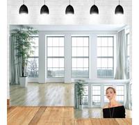 Xiaoterna 4,5x2,5m Sfondo Fotografico Moderno Ufficio Soggiorno Finestre Francesi Bianche Pavimento in Legno Marrone Piante per Ritratto Adulti e Oggetti di Scena