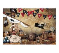 Xiaoterna 4,5x2,5m Sfondo per festa di compleanno a tema pirati Mappa del mondo retrò da parete Sfondo fotografico con nave in legno e tesoro Timone Decorazioni per festa a tema avventura