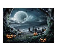 Xiaoterna 4,5x3m Sfondo di Halloween Notte buia luna piena pipistrelli zucca lanterna ramo secco albero sfondo fotografico tombe cimitero Decorazione di festa spettrale Ritratto Foto Puntelli