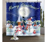 Xiaoterna Buon Natale Pupazzo di neve Tenda da doccia Babbo Natale Inverno Paese delle meraviglie Slitta Luna piena Montagna Villaggio Vista notturna Poliestere Decorazione rustica 200x180cm