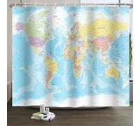 Xiaoterna Tenda da doccia con mappa del mondo Tenda da bagno con oceano blu e continenti Mappa del mondo Geografia Tenda da doccia Tessuto impermeabile lavabile in lavatrice 240x180cm