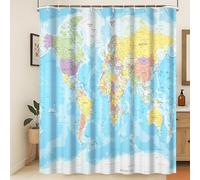 Xiaoterna Tenda da doccia con mappa del mondo Tenda da bagno con oceano blu e continenti Mappa del mondo Geografia Tenda da doccia Tessuto impermeabile lavabile in lavatrice 150x180cm