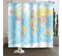 Xiaoterna Tenda da doccia con mappa del mondo Tenda da bagno con oceano blu e continenti Mappa del mondo Geografia Tenda da doccia Tessuto impermeabile lavabile in lavatrice 180x200cm