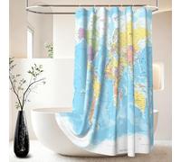 Xiaoterna Tenda da doccia con mappa del mondo Tenda da bagno con oceano blu e continenti Mappa del mondo Geografia Tenda da doccia Tessuto impermeabile lavabile in lavatrice 90x180cm