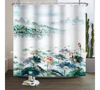 Xiaoterna Tenda da doccia con piante floreali Acquerello fiore di loto montagna fiume oca selvatica tenda da bagno Cinese pastorale paesaggio inchiostro pittura Lotus tenda da doccia 150x180cm