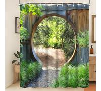 Xiaoterna Tenda da doccia del giardino giapponese 3D primavera foresta natura scenario tenda da bagno Porta d'ingresso in legno rustico cerchio verde pianta sole Tenda da doccia lavabile 240x180cm